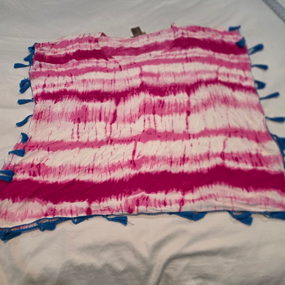 T Beach Swim Cover Up Womens Large Pink Tie Dye Blue Tassel Boho Fair